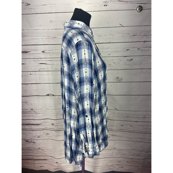 Cato Blue White Hi Low Plaid‎ Long Roll Tab Sleeve Comfy Coastal Grandma Popover - Picture 2 of 8